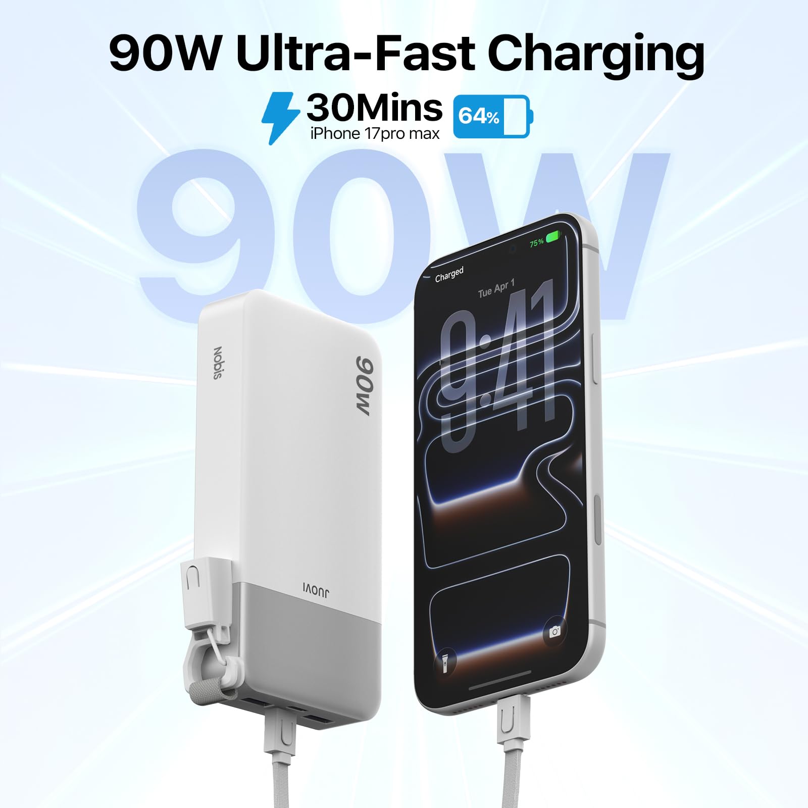 NOBIS Batterie Externe 20000mAh 90W Power Bank avec Câble Sangle | 2C+2A USB-C Charge Rapide avec Affichage LED, Power Bank pour Ordinateurs Portables, Tablettes, Téléphones et Steam Deck