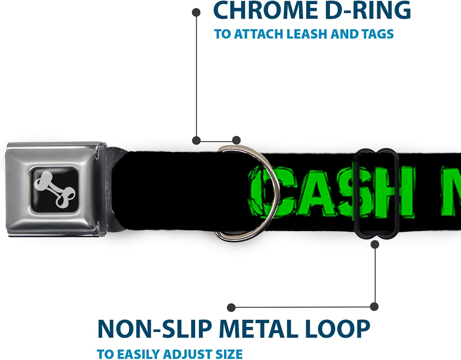 Buckle-Down Seatbelt Buckle Dog Collar - CA$H MONEY Black/Green - 1" Wide - Fits 15-26" Neck - Large
