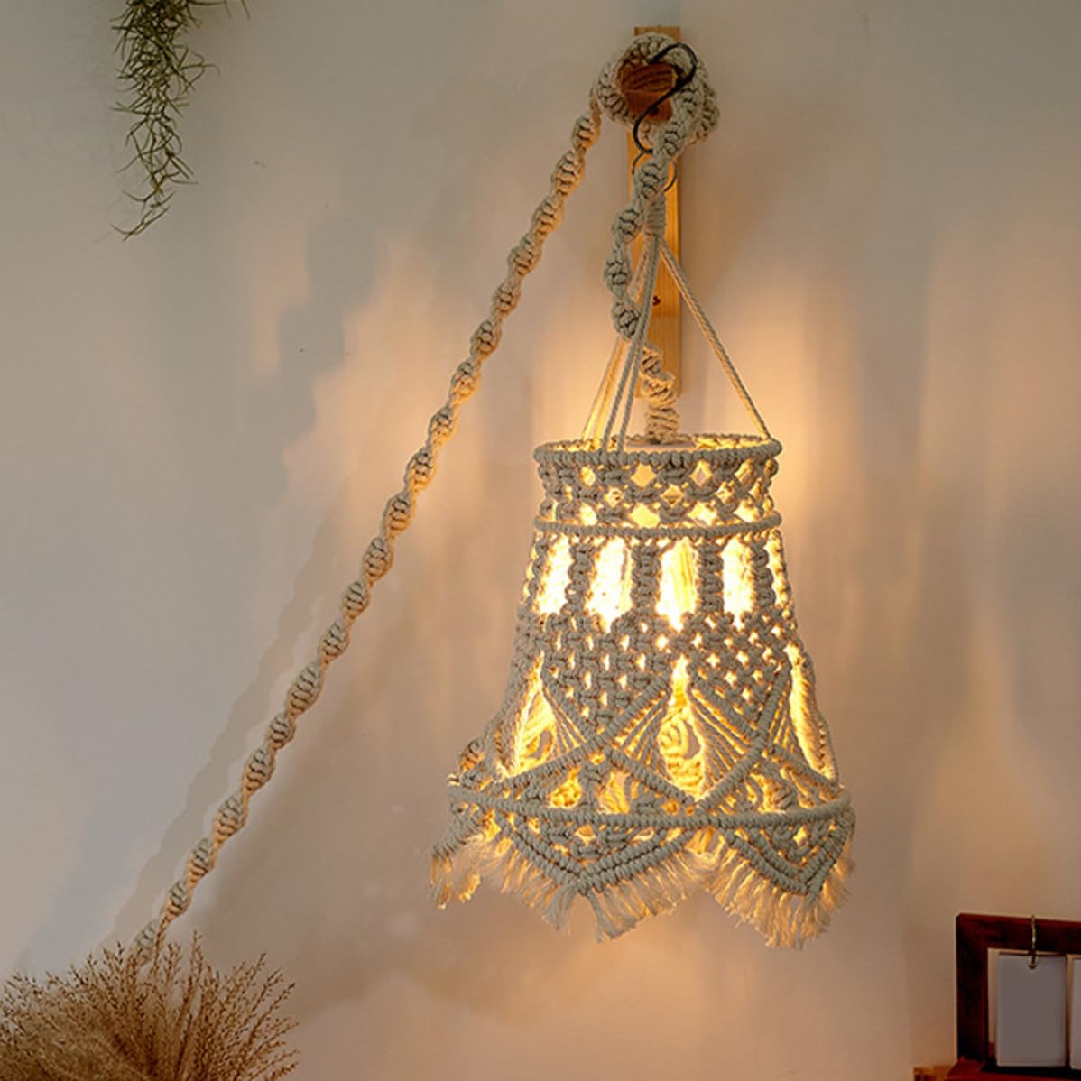Paralume Boho in Corda di Cotone Beige per Lampada a Sospensione | Struttura Intrecciata in Ferro, Peso Leggero e Resistente, per Soggiorno e Ristorante