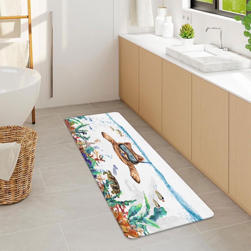 Funny Cat Bathroom Rug Mat, Cat Diving Bath Rugs, Tropical Fish Coral Underwater Sea Animal Non-Slip Bath Mats for Bathroom Floor, Tub and Shower, 19x31Inch (19X31)