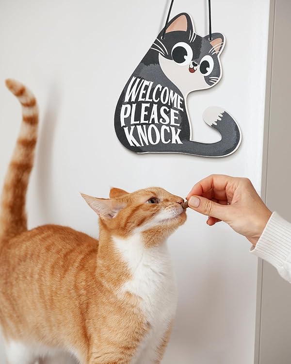 Putuo Decor Do Not Disturb Sign Welcome Please Knock, Cute Cat Door Sign Decor Reversible Double Sided Aesthetic Hanger Plaque for Room Front Door Porch Home Decor, Cat Lover Gifts Grey by Putuo Decor - Image 6