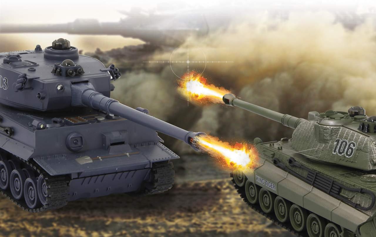 JAMARA 403635 Tank Tiger Battle Set 2.4 GHz Battle Mode with Simulated Damage Indicator (Drive Failure, Fight and Driving), Extremely Agile, Gun Fire, Machine Gun Fire, Green/Black