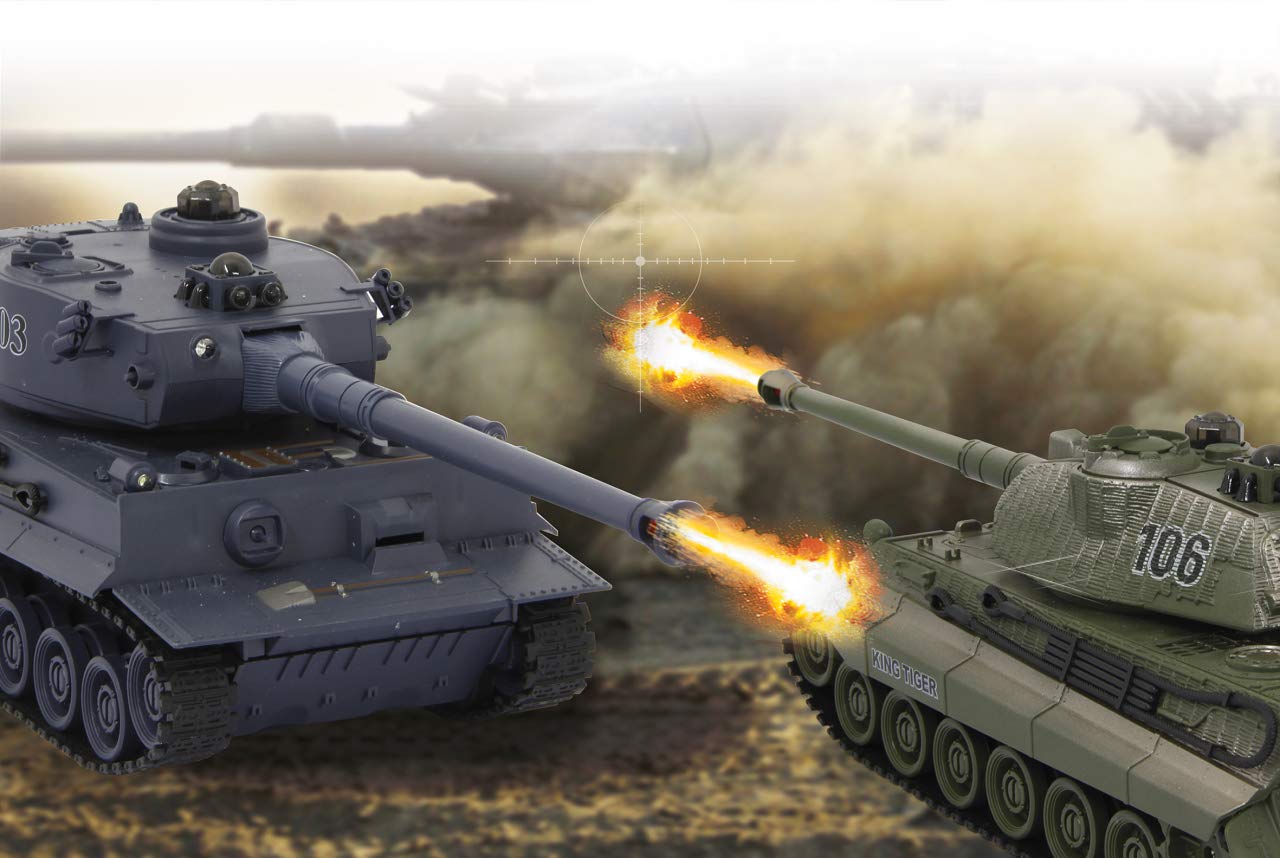 JAMARA Char Tiger Battle Set 2,4 GHz – Mode Bataille avec indicateur de dégâts simulé (Panne d'entraînement, incapacité de Combat et de Conduite), extrêmement maniable, feu de Canon, feu de