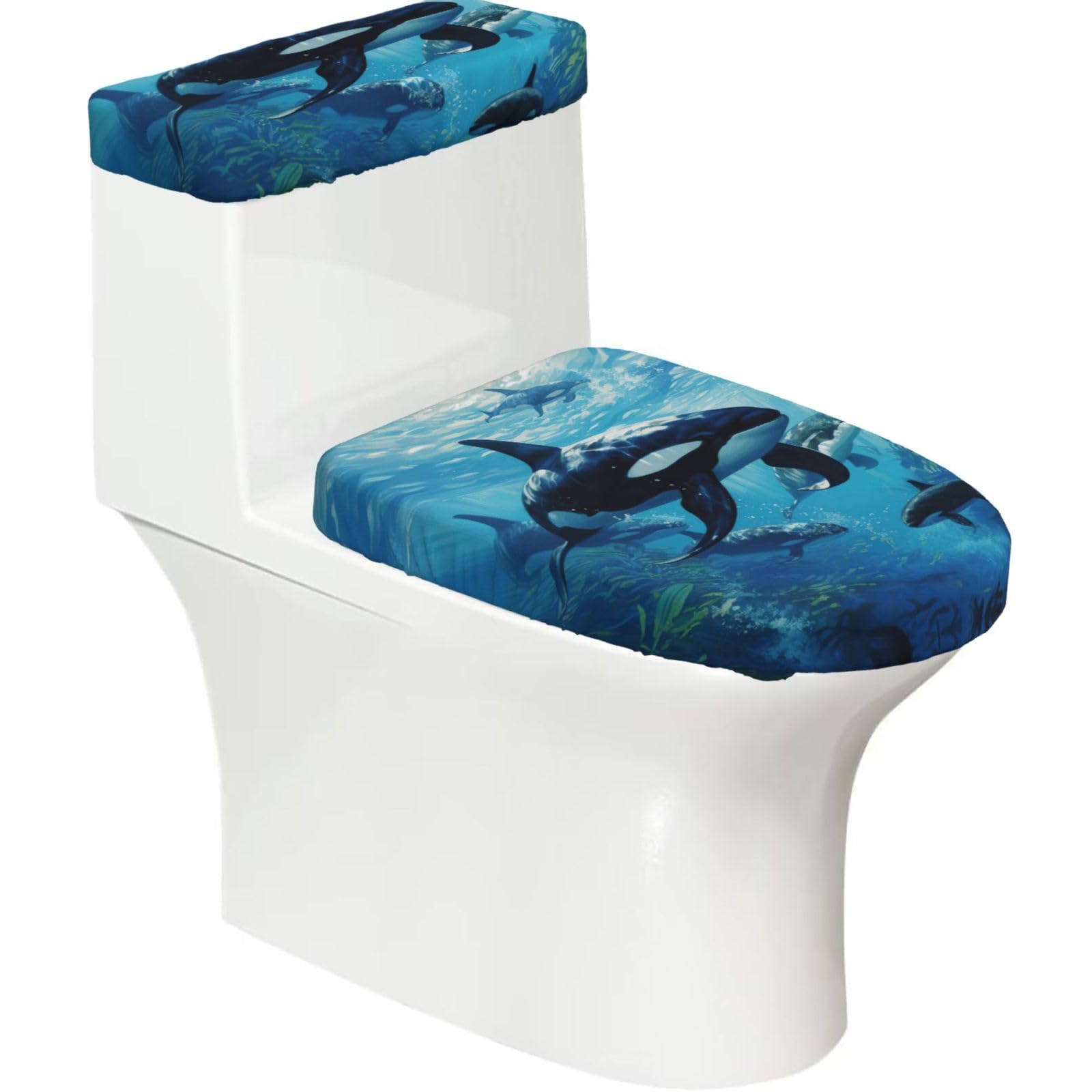 Killer Whales Swim Along Printed Toilet Tank and Lid Cover Set of 2 for Most Bathrooms, Fits Elongated Round Toilets