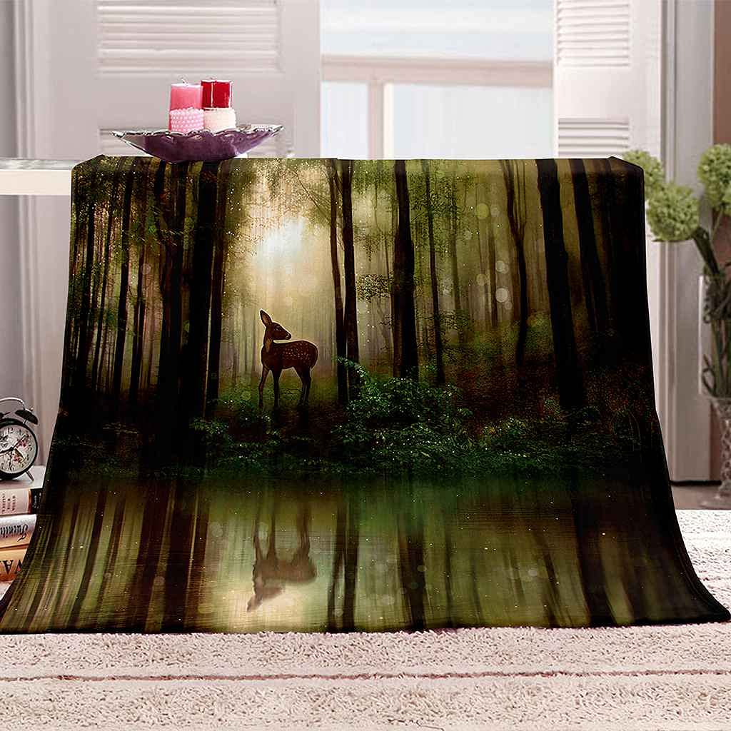 Couverture flanelle faon animal de la forêt plaid imprimé 3D douce microfibre 150x200cm pour canapé