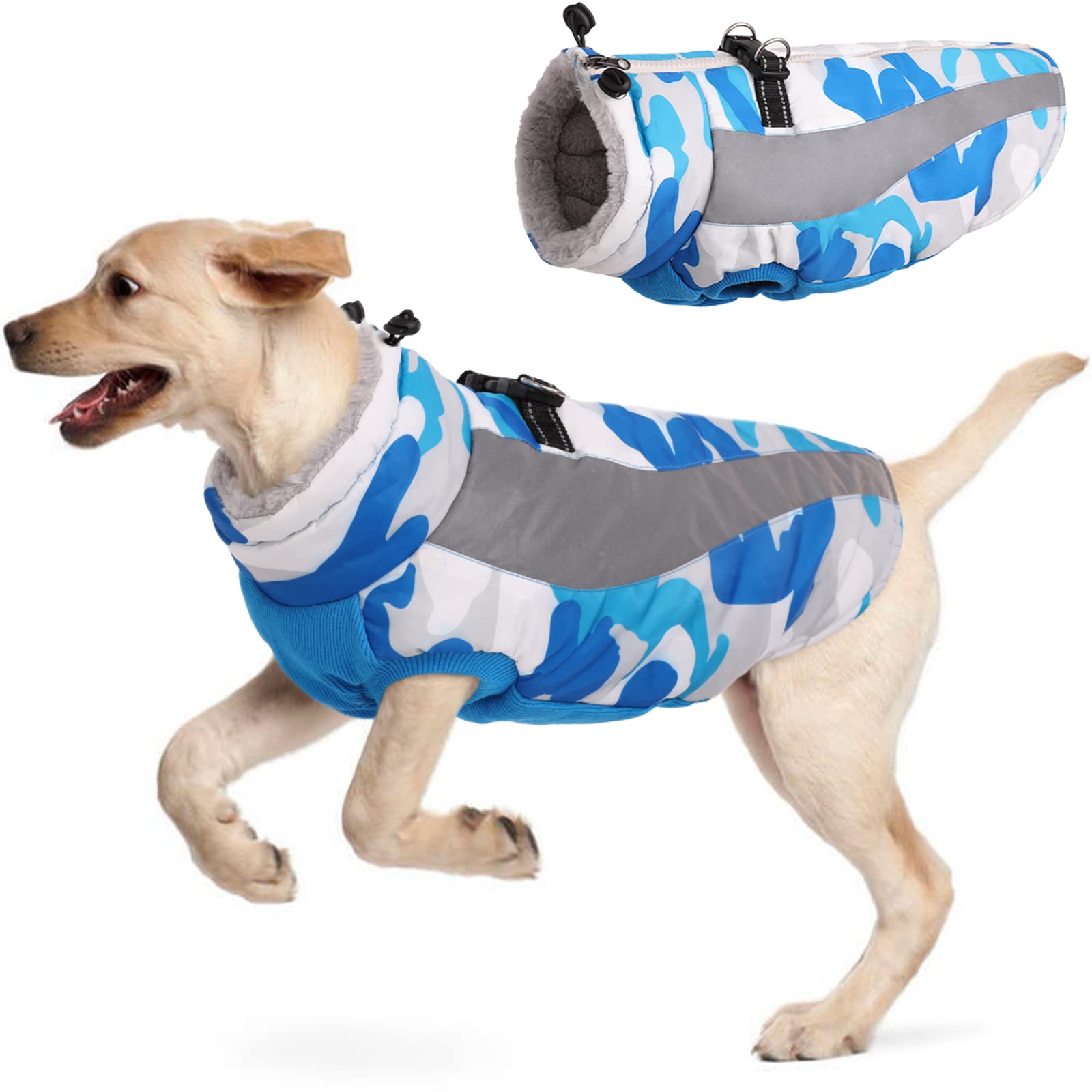 Hjyokuso Cappotto Cane, Cappottino Cane Per Piccoli, Medi e Grandi Cani, Vestiti Per Cani Impermeabile e Caldo, Cappottino Imbottito Per Cane Con Strisce Riflettenti e Cerniera - Blu XXL