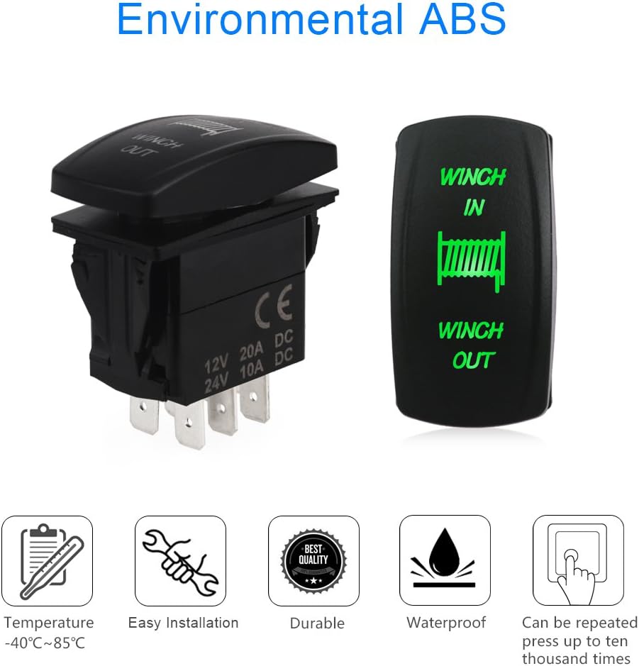 WATERWICH 7 pin Momentary Winch in Out Rocker Toggle Switch Waterproof DC 20A 12V/10A 24V Black Shell/ON-Off-ON DPDT Illuminated Rocker Switch for Auto Truck Boat Marine (Green)