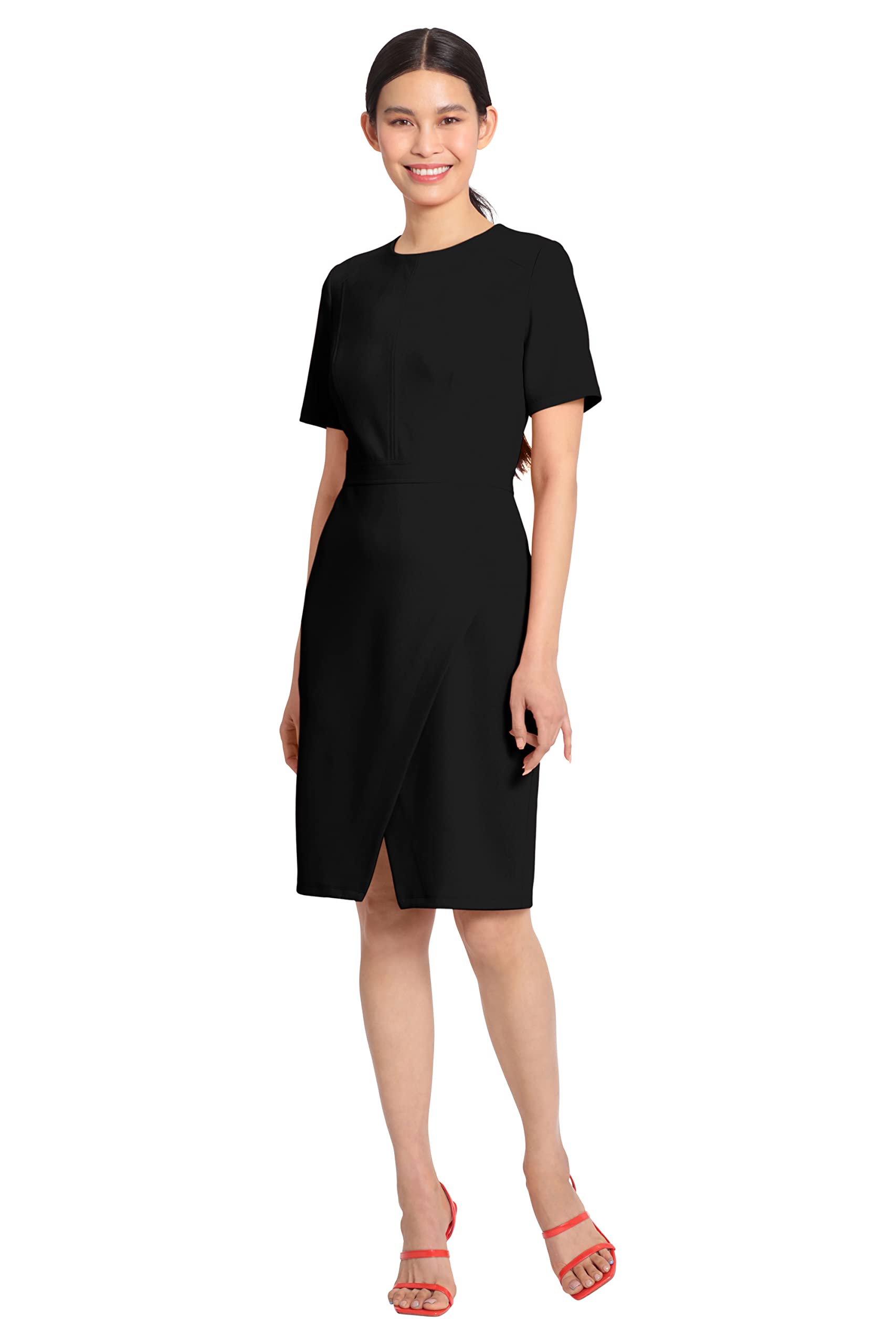 Maggy London Women's Sophisticated Crew Neck Sheath with Overlap Notch Hem Detail Career Workwear Desk to Dinner