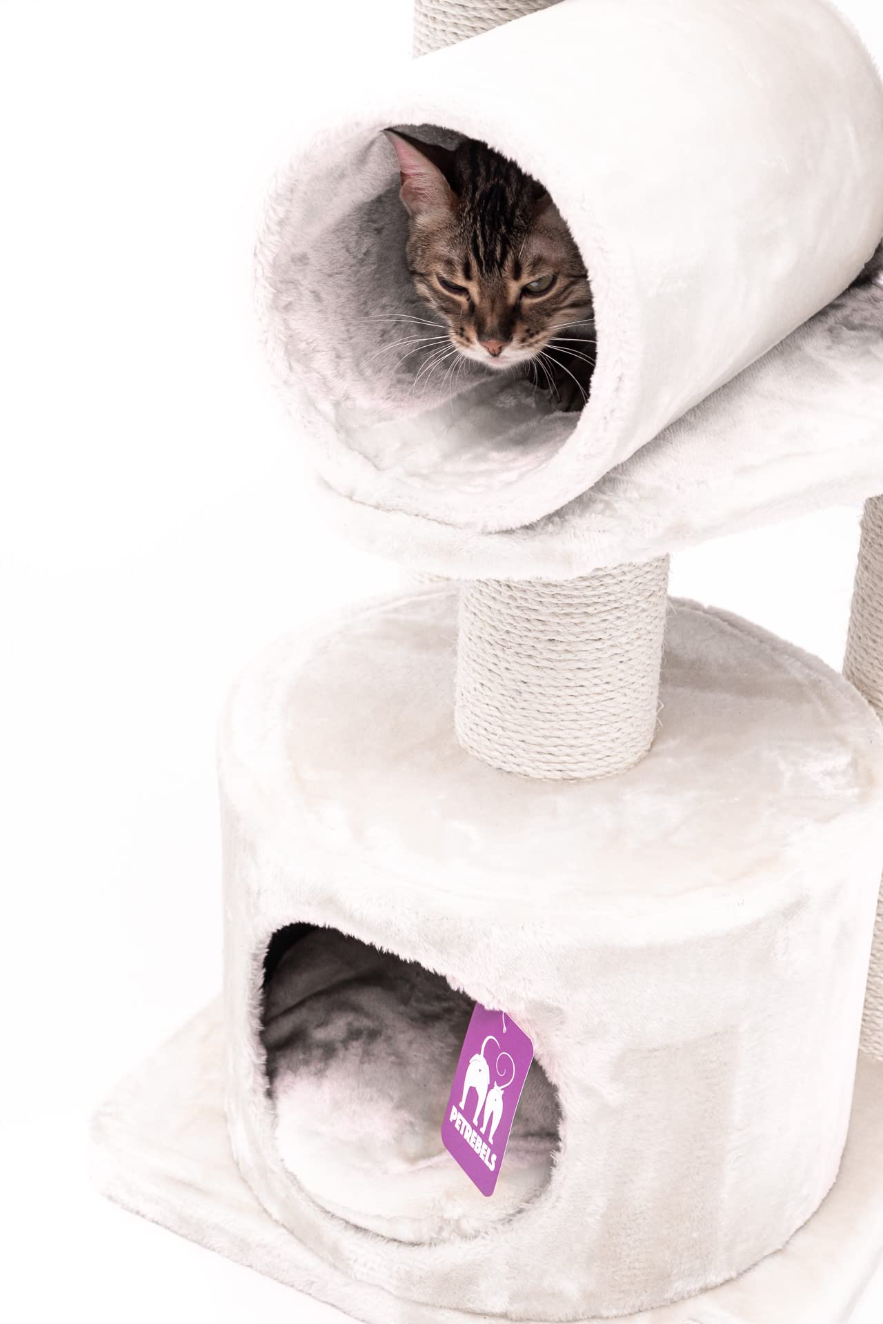 Petrebels Kratzbaum Platzsparend Victoria 125, auch ideal für senioren Katzen, Katzenbaum mit Sisal-Kratzstämmen 12 cm, Höhle, Liegemulden & Spieltunnel, Stabiler Katzenkratzbaum in Creme