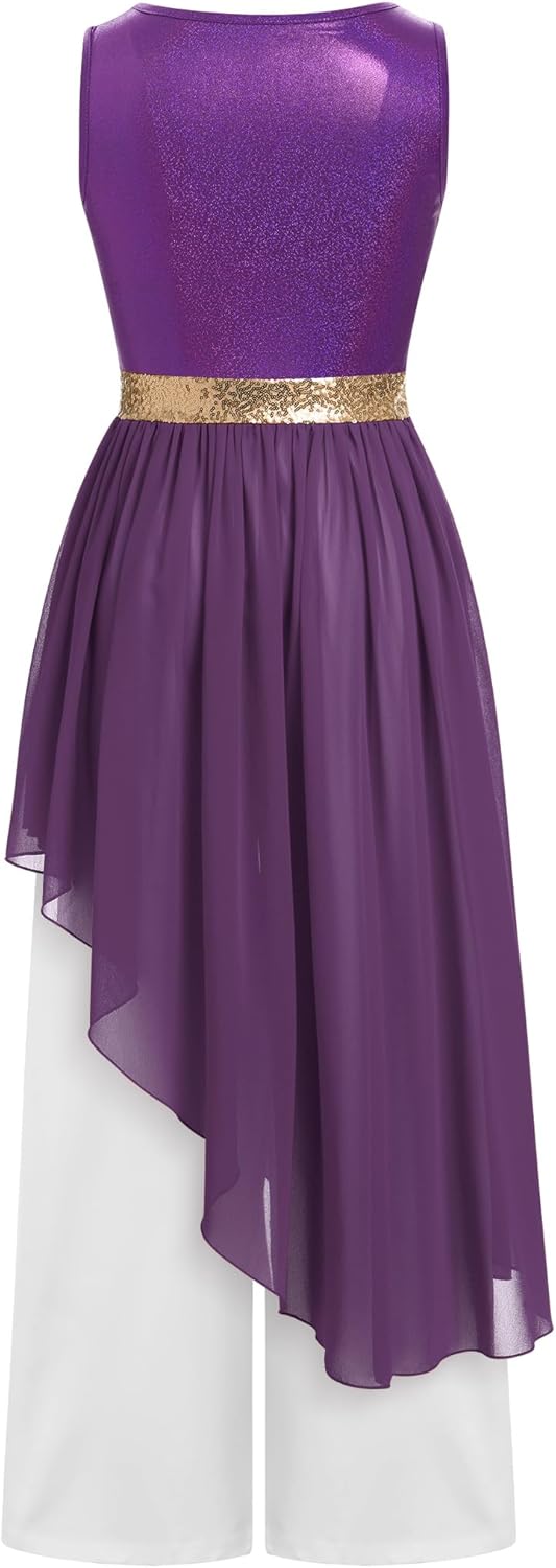 IBAKOM Praise Dance Dress Women Worship Overlay and Tunic Baggy Pant Metallic Lyrical Dance Costume Liturgical Dancewear