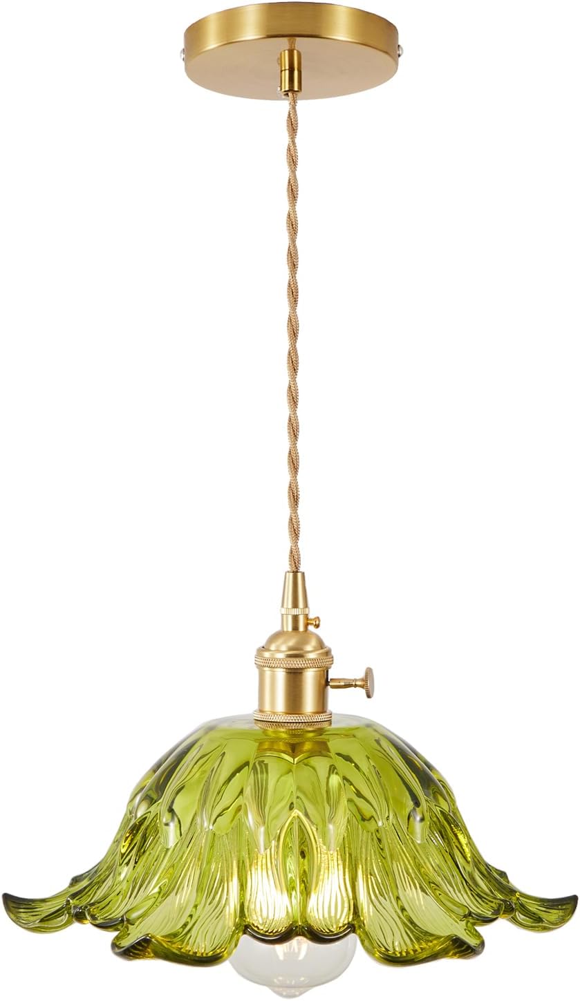 Vinage Green Scalloped Glass Pendant Light, Brass E26 Hardwired Ceiling Light with 4.7" Canopy & 6.56 FT Cord, Petal-Edge Dome Shade for Kitchen Island, Dining Table, Entryway