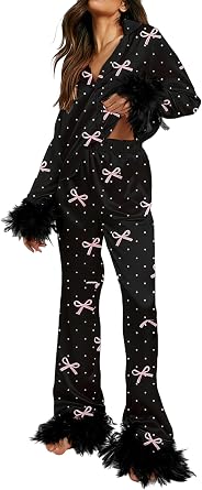 Women Silky Valentines Pajamas Feather Heart Print Satin Pj Set Long Sleeve Shirt Pants Fur Trim 2 Piece Sleepwear