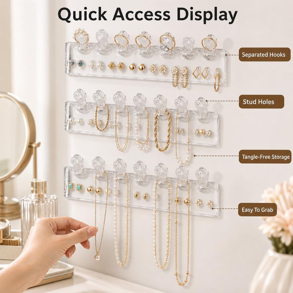 Wall Mounted Jewelry Organizer, 3-Pack 24 Hooks Clear Plastic Necklace Holder, No-Drill Adhesive Rack for Earrings, Bracelets, Rings, Studs, Closet Bathroom Bedroom Mirror