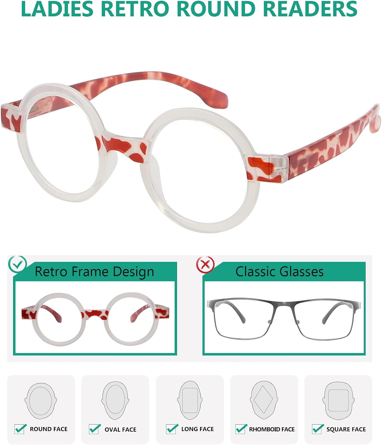 Eyekepper 4-Pack Round Reading Glasses for Women Retro Readers Eyeglasses +4.00