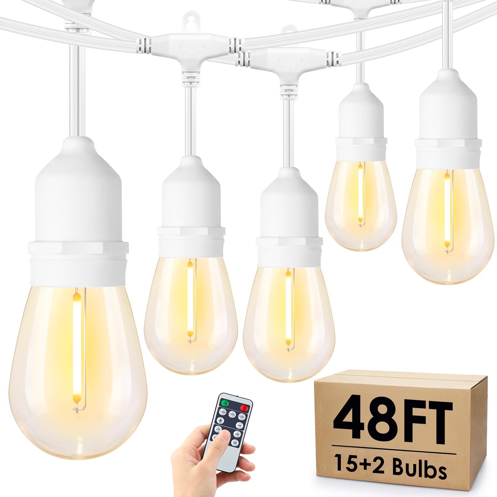 48FT Outdoor String Lights with Remote, Dimmable Patio Lights with 15+2 Waterproof LED Bulbs, 3 Modes 4 Timers Hanging Lights for Yard, White