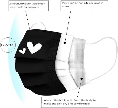 Miniatura 3 de 50 máscaras faciales desechables, bonitas máscaras rosas y negras con corazones impresos, protección facial completa de 3 capas para mujeres,