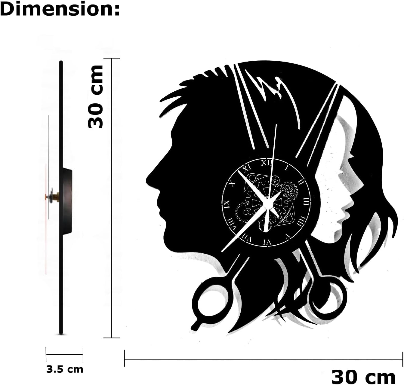 Wall Clock Disc Vinyl Hairdresser Man Woman Barber Shop, Vintage Handmade