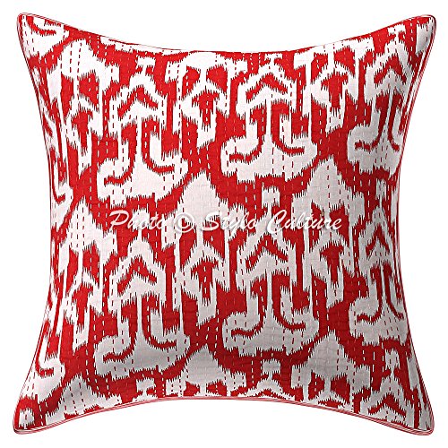 Stylo Culture Cojines étnicos Cojines Rojos Kantha Cojín Bordado Funda de cojín Algodón Tradicional Cojines Cuadrados de Ikat 40x40 cm (1 Pieza) Cover
