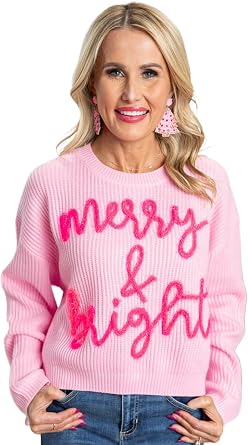 Womens Pink Merry & Bright Pop Up Letter Waffle Knit Sweater
