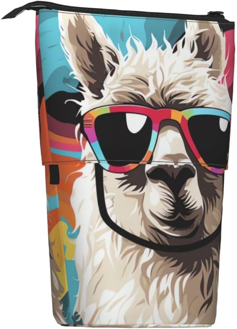 Standing Pencil Case, Cute Telescopic Pencil Pouch, Alpaca wearing sunglasses Pencil Bag, Kawaii Stand up Pen Holder, Portable Aesthetic Makeup Bag for Christmas Holiday New Year Office Bag image 2