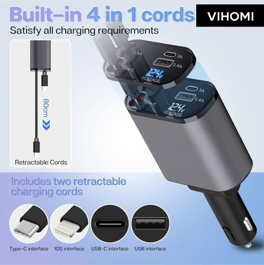 Image of 120W Fast Car Charger (2025 New Model) | Retractable 80CM Type-C Cable | 4-Port Universal Car Adapter for Smartphones & Tablets | Quick Charge Multi-Device Car Charger