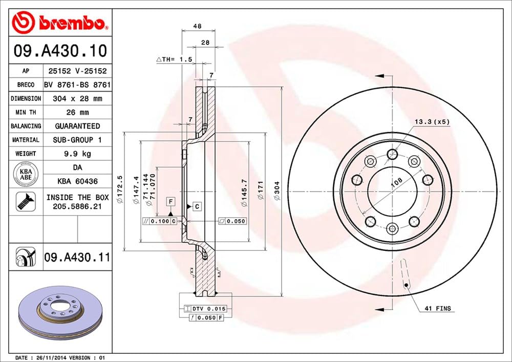 Brembo Juego de discos de freno BB FI Scudo 2007 09.A430.11 1 pieza