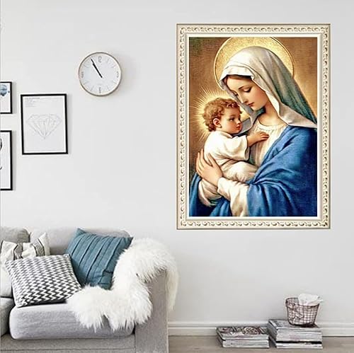 Miniatura 3 de F-CANLAN Kit de pintura de diamante redondo de taladro completo, 5D DIY Bless The Child Pintura de diamantes Virgen María, kits de arte de diamantes