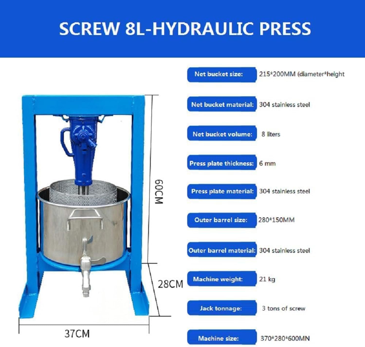 Fruit Press 8L - Wine Press Apple Press Stainless Steel for Fruit Cider Berry Wine Making Homemade Naturial Juice, Grape, Vinasse,Oil Pomace and Honeycomb, Apple Crusher Presser