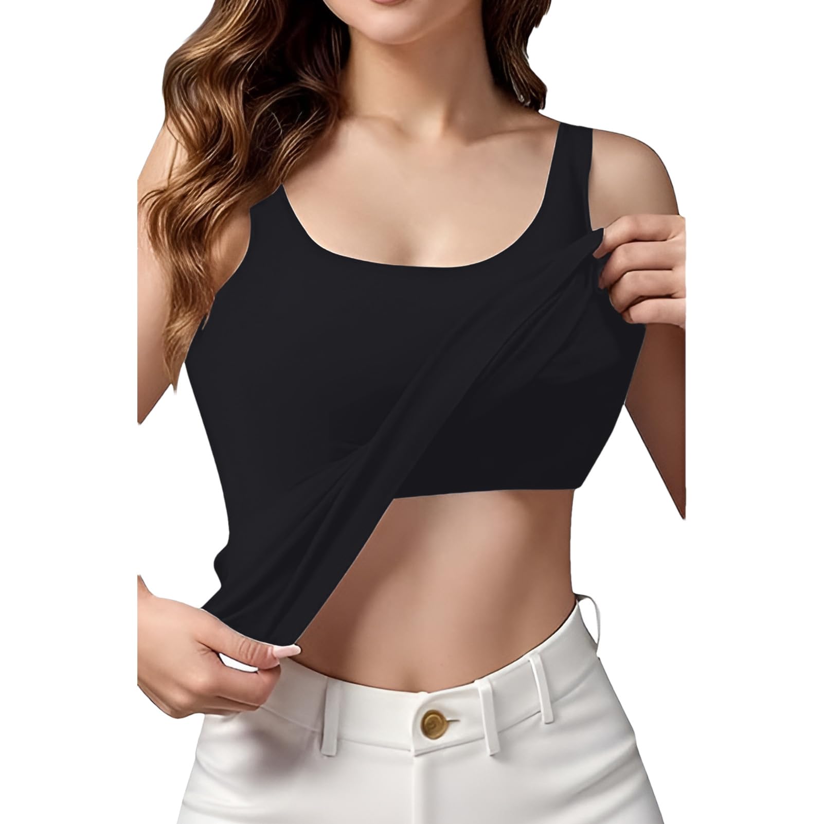 Mujer 2 Piezas Camisetas Tirantes con Sujetador Integrado Camisetas Interiores de Tirantes Anchos Elásticas