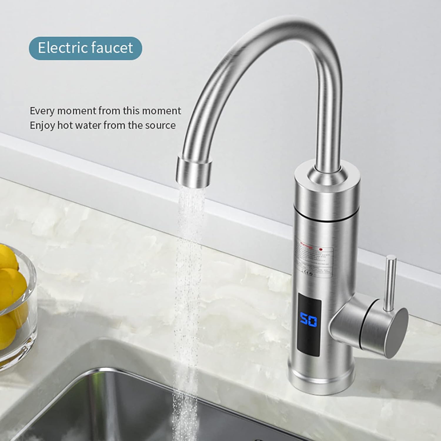 Instant Hot Water Faucet, Electric Water Heater Instant Kitchen Faucet, Stainless Steel Tankless Tap, 360° Rotate Cold And Hot Water Tap with Real-time Temperature Display