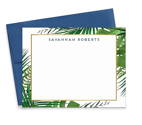 Gold and Greenery Personalized Stationary with Envelopes, FLAT NOTE CARDS, Personalized Greenery Stationery Set for Women, Tropical Greenery