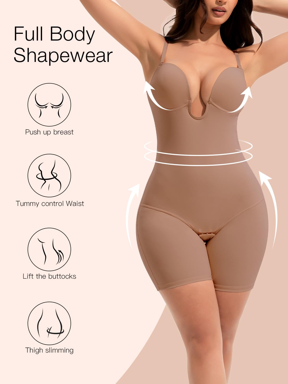 Slimers Backless Shapewear Controllo della pancia: Body modellante con scollo profondo a schiena bassa - Reggiseno snellente integrato modellante per tutto il corpo donna