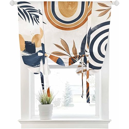 Boho Tie Up Curtains for Small Windows,Adjustable Rod Pocket Bohemian Palm Leaf Valance 45 Inch Short for Bathroom Kitchen Living Room,Abstract Geometric Botanical Balloon Roman Blind Shade,34" x 45"