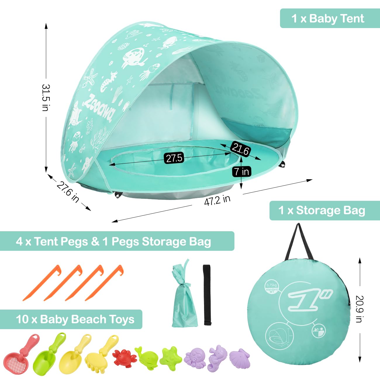 Tente Anti-UV Bébé, Grande Tente de Plage pour Bébé avec Mini-Piscine-Système Pop-Up avec Jouets, Protection Solaire FPS 50+ pour Maison, Cour, Camping, Menthe Verte
