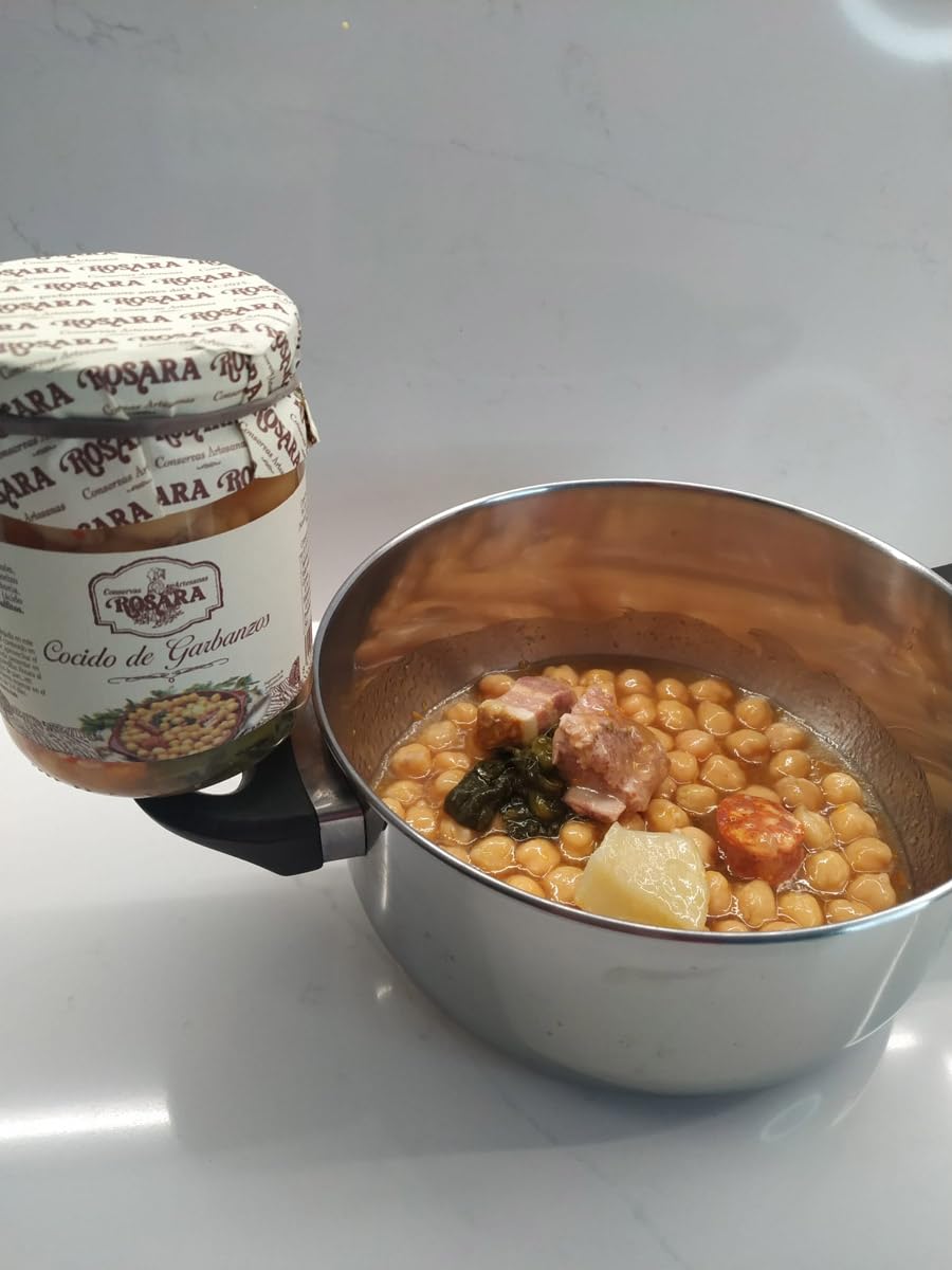 Rosara | Preparado Cocido de Garbanzos Cocidos con Costilla de Cerdo, Caldo de Jamón y Chorizo en Tarro de Cristal 445 Gr - Comida Preparada Gourmet Artesanal con Aceite de Oliva, Patata y Zanahoria