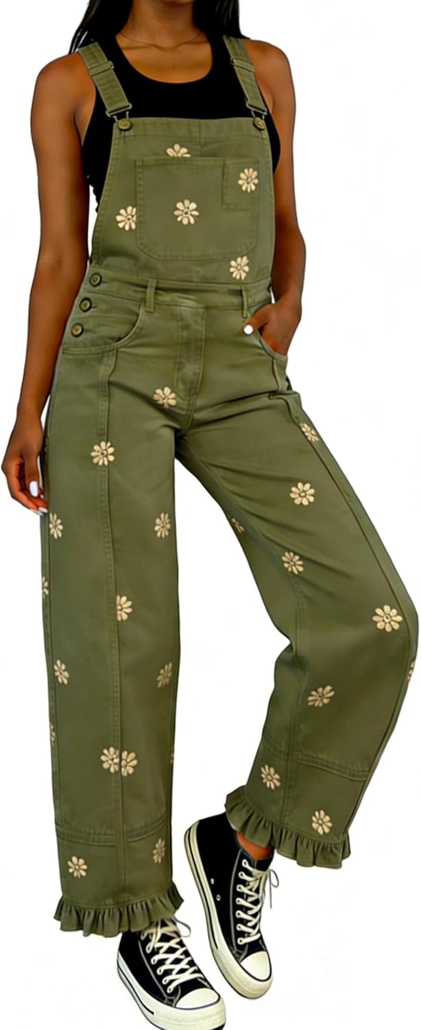 utcoco Womens Floral Print Denim Overalls Y2k Baggy Patchwork Boyfriend Barrel Jeans Wide Leg Denim Jumpsuit