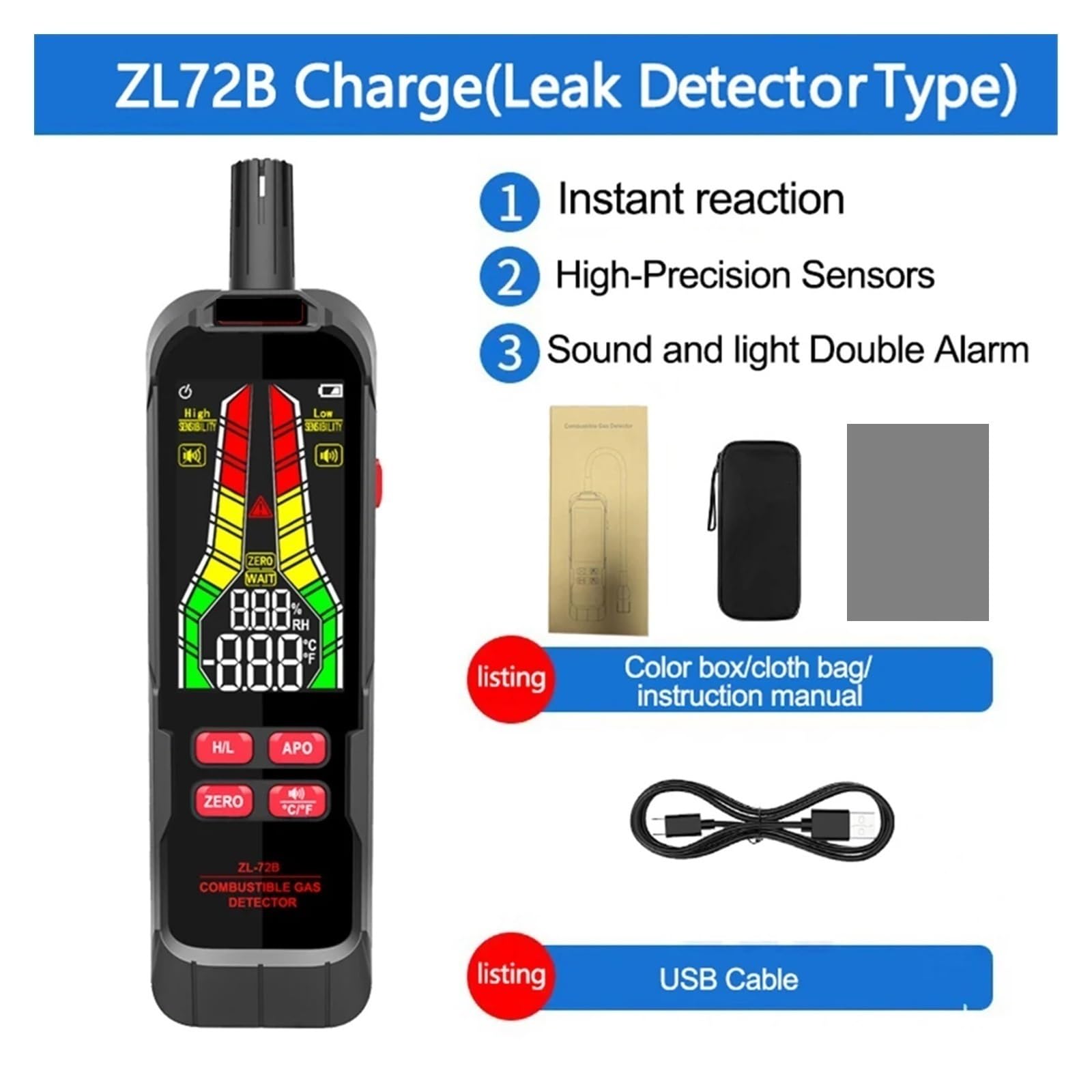Detector de Gases, Detector de Fugas Gas ZL73B con zumbador y Pantalla LCD, Detector Combustible, analizador Temperatura Humedad, Herramienta Prueba eléctrica(ZL72B)