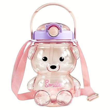 CRIYALE Cute Teddy Bear Sipper Water Bottle, BPA Free Teddy Bear Anti-Leak Anti-Spill Durable Plastic Water Bottle with Straw, Sticker, Strap Smile Teddy Bottle for School Kids (1 Litre,Multi Color)