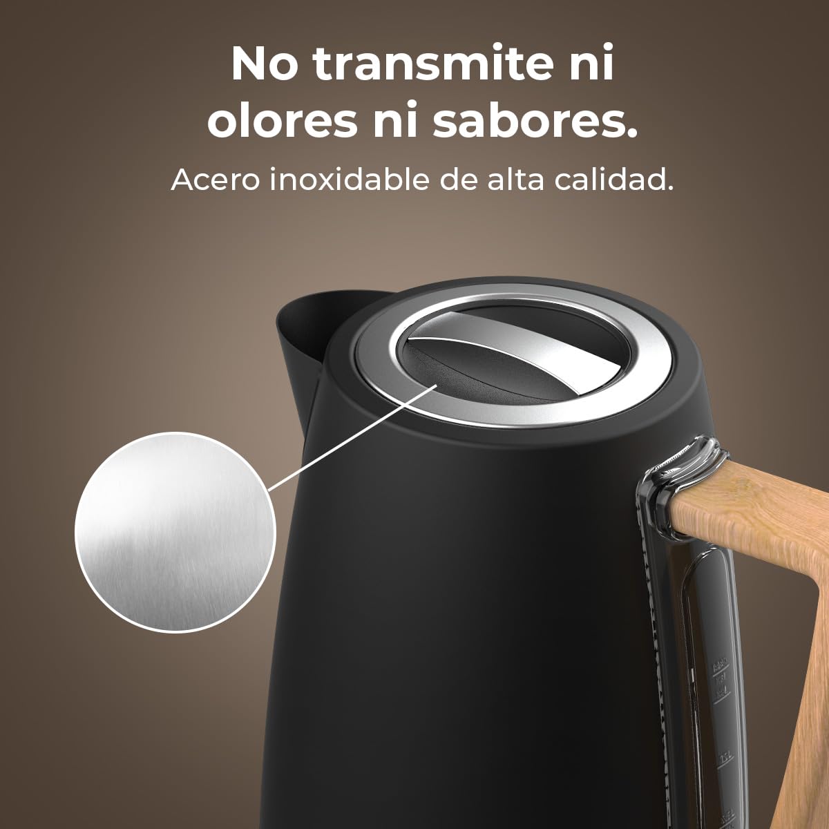 Cecotec Hervidor de Agua Eléctrico ThermoSense 200 Woody, 1,7 Litros, 2200 W, Fabricado en Acero inoxidable, Diseño elegante, Base con giro 360º, Filtro antical desmontable y lavable