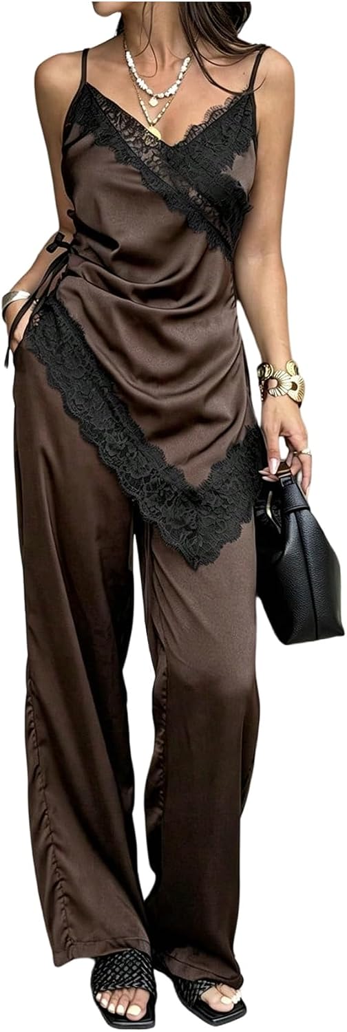 Verdusa Women's 2 Piece Satin Luxury Outfits Lace Asymmetrical Cami Tops and Pants with Pockets Summer Sets
