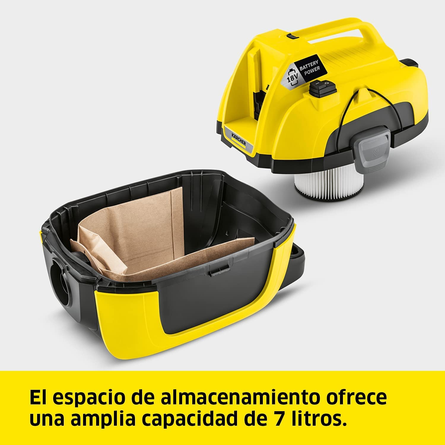 KÄRCHER 18 V Aspirador Multiusos WD 1 Compact, Aspirador en seco y húmedo, Filtro de Cartucho, Manguera: 1,20 m, depósito: 7 l, Potencia: 230 W, Compatible con batería 18 V, batería no Incl.