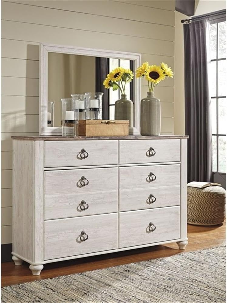 BOWERY HILL Bedroom Mirror, Engineered Wood, White Wash Finish, 30.67 in H x 41.85 in W, Decorative Laminate Frame, Compatible with Dresser, Stylish Accent for Bedroom