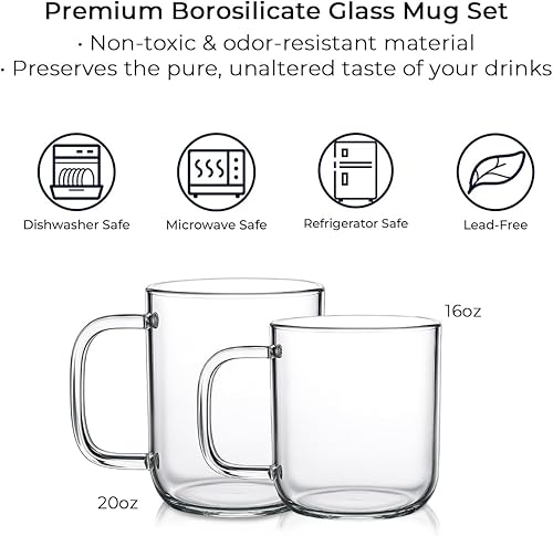 Vista 6 de Aquach Glass Mugs 20 oz Set of 2, Extra Large Clear Glass Cup with Handle for Hot/Cold Coffee Tea Beverage, Drinking Glasses