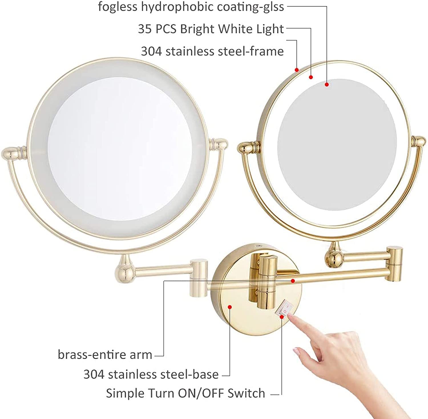 Espejo de Maquillaje montado en la Pared con Aumento, Espejo de tocador LED de Doble Cara for baño con extensión giratoria de 360 ​​° Dorado de 8 Pulgadas, con Enchufe
