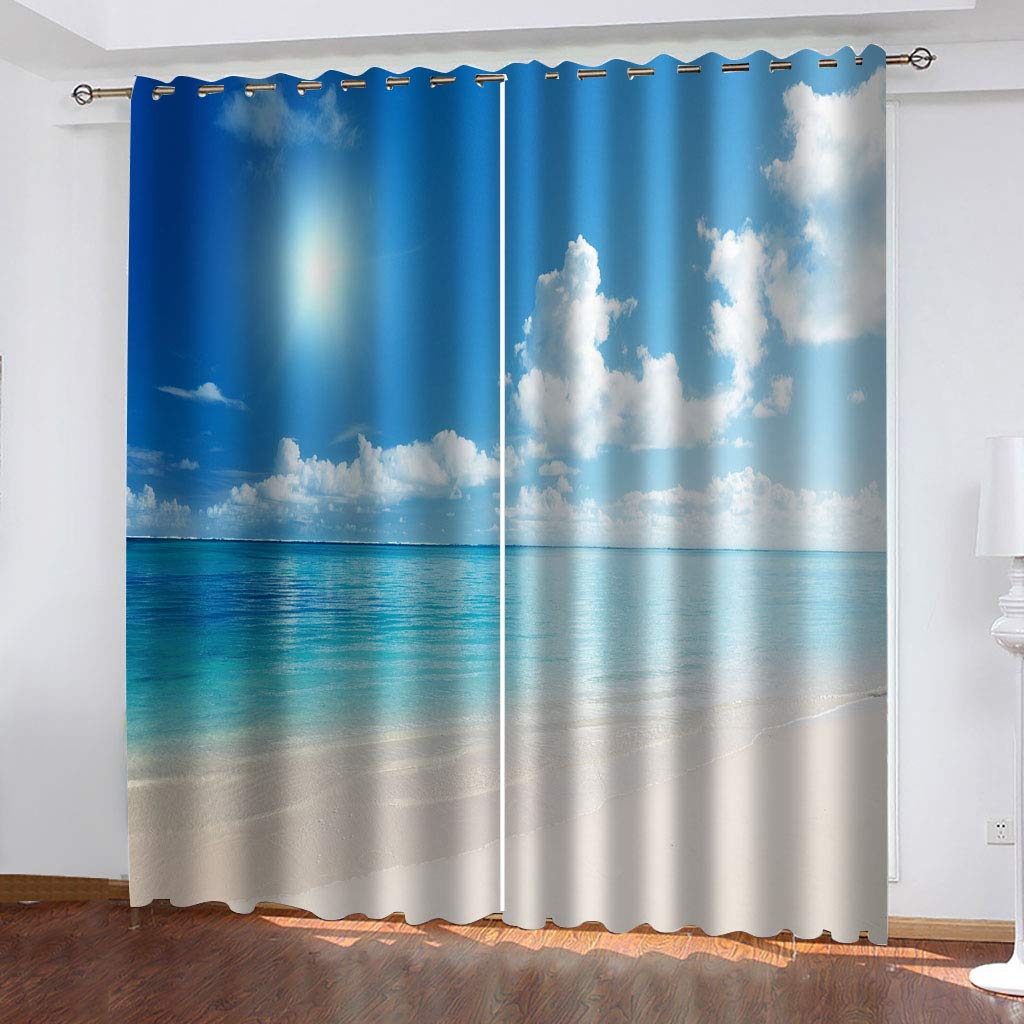 Rideaux Et Draperies Intérieurs 3D Ciel Bleu Nuage Blanc Vue Mer Motif Rideau Occultant À Oeillets Decoration Salon Chambre Maison pour Enfant Adulte 2 Pièces 280x160Cm Design Moderne Imprimé