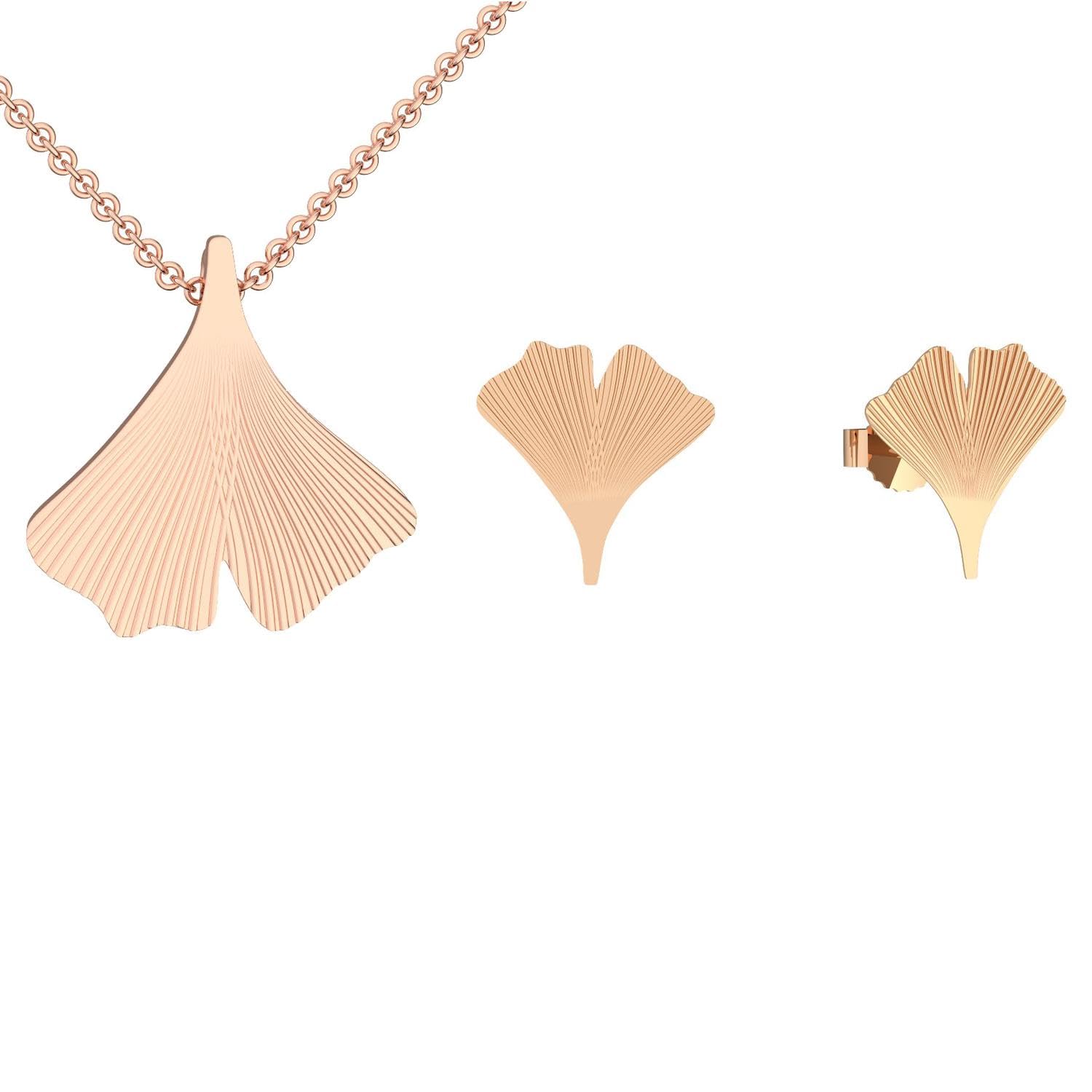 Ginkgoblatt Schmuckset Anhänger und Ohrstecker in Rosegold vergoldet | inkl. Luxus-Etui Kettenanhänger Damen Gingko Ohrstecker Gingko Blatt glänzend