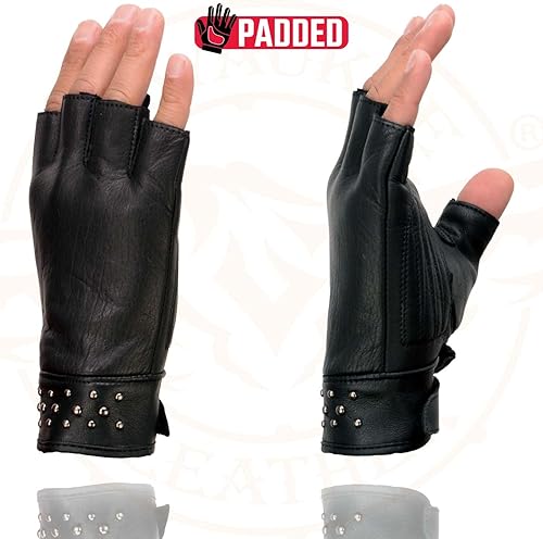 Miniatura 6 de Milwaukee Leather MG7761 - Guantes de mano para motocicleta sin dedos de gel de piel negra para mujer, con elegante detalle de muñeca