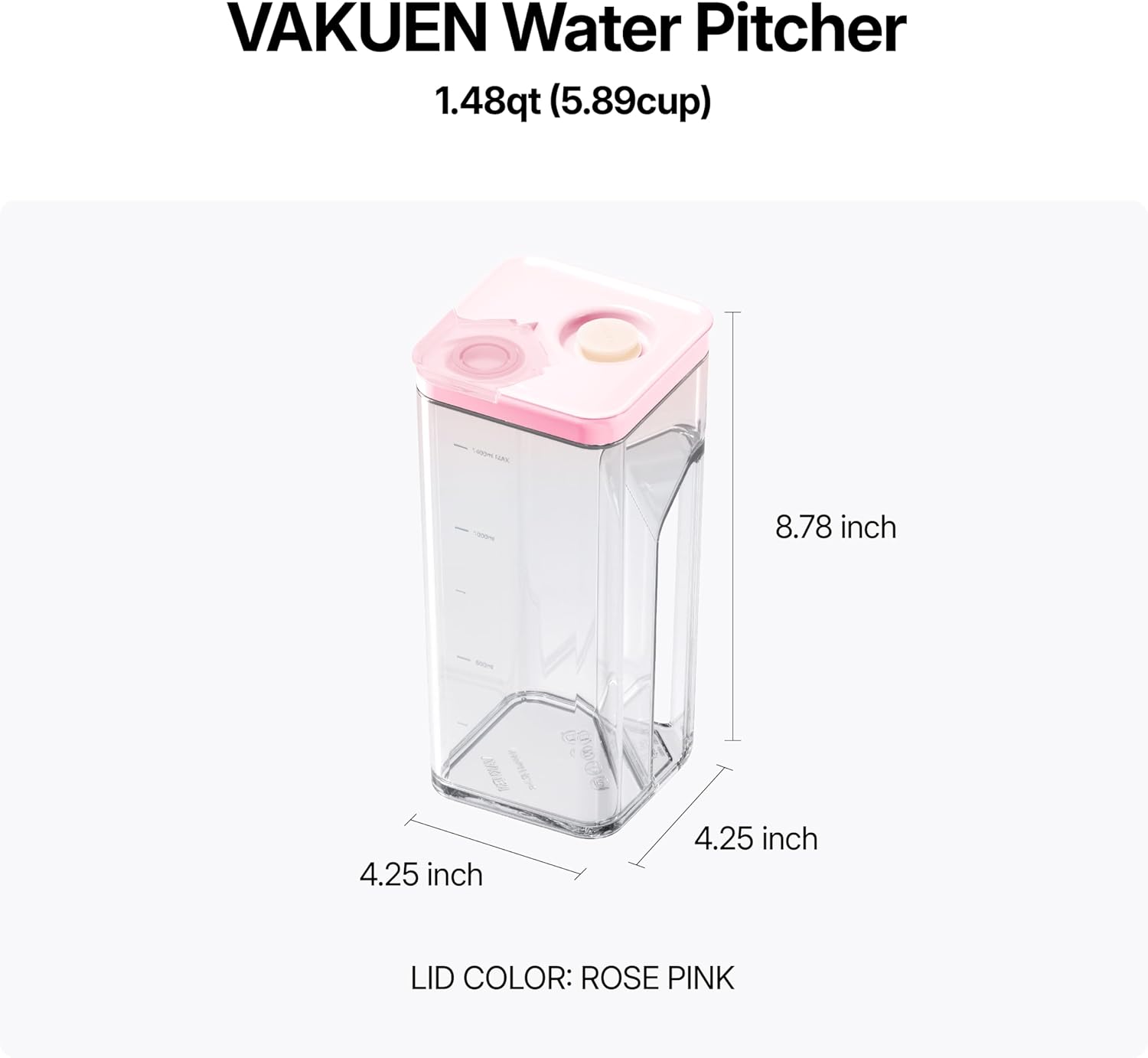 VAKUEN Premium Airtight Water Pitcher ROSE Pink lid, 1.4L(1.48qt) 1pcs, Airtight seal and Vacuum, Leak-free, BPA-free - Image 2