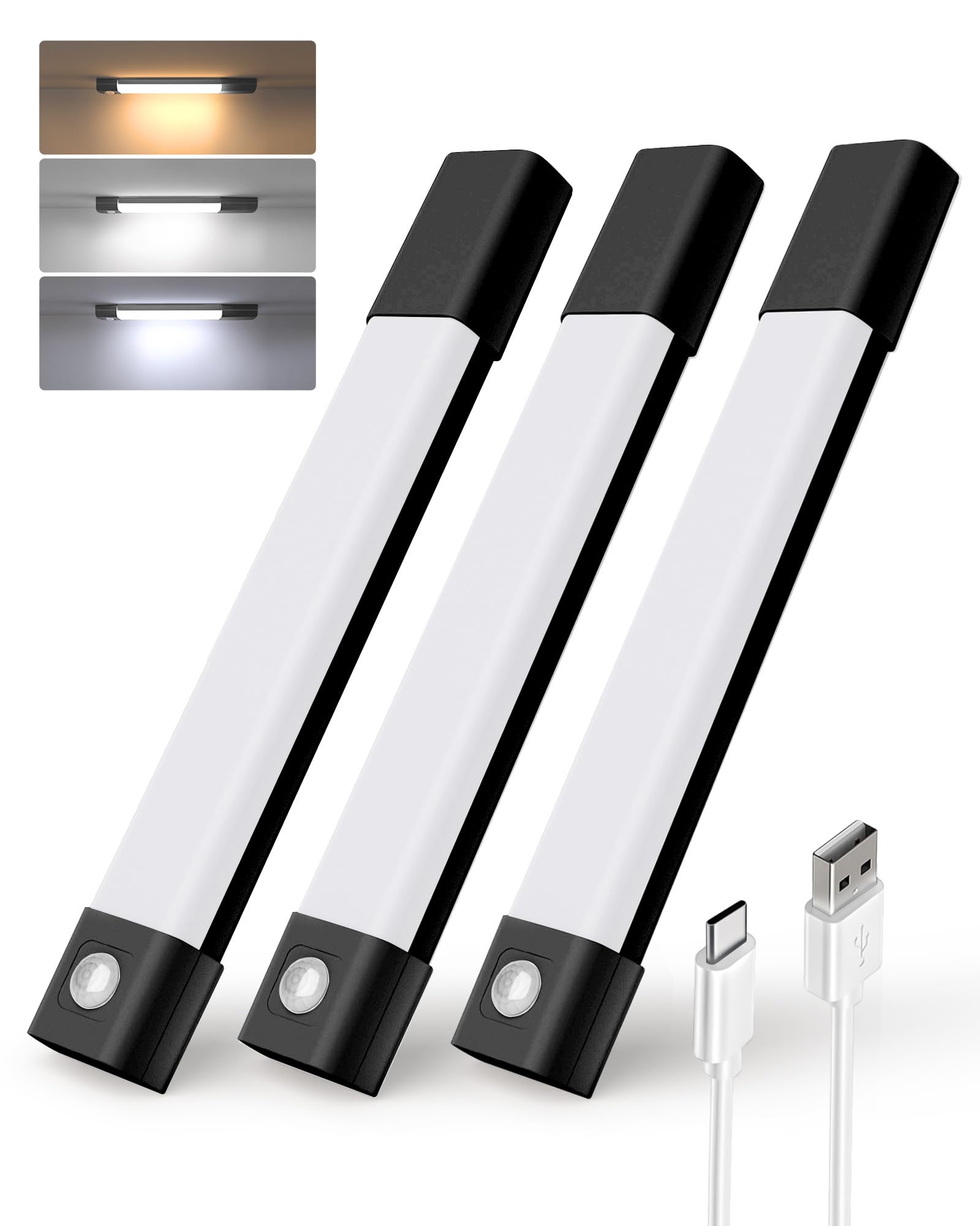 EZVALO Lampada da incasso da cucina a LED, 20 cm, 30 LED, senza fili, con sensore di movimento, luce per armadio con 3 modalità di colore, dimmerabile, ricaricabile, per cucina, armadio, scale, nero