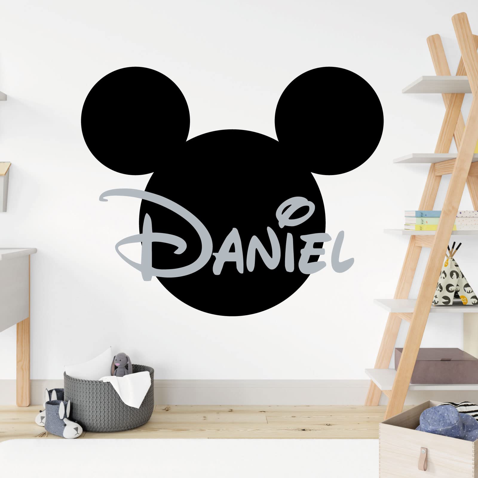 Personalised Name - Mickey Mouse Inspired Silhouette - Children's Bedroom Vinyl Wall Decal Sticker [Large] [Black]
